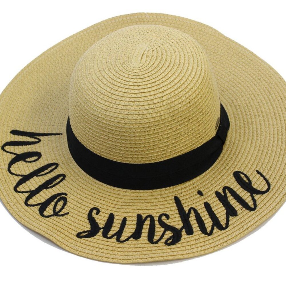 “Hello Sunshine” Straw Sunhat Black Tan Beach Vacation Travel